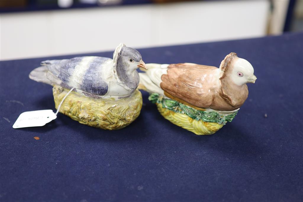 An early 19th century pearlware Jacobin pigeon tureen and cover, 17.5cm and a similar Staffordshire tureen and cover, pseudo crossed